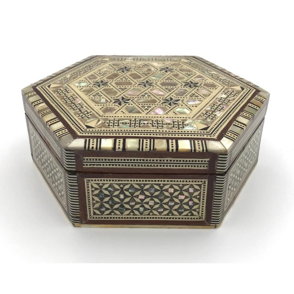 Vintage Marquetry Inlay Jewelry Box Mother of Pearl Wood Mosaic Star 6in - Picture 9 of 10